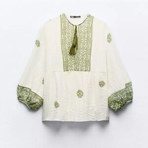 Zara White and Green Patterned Blouse